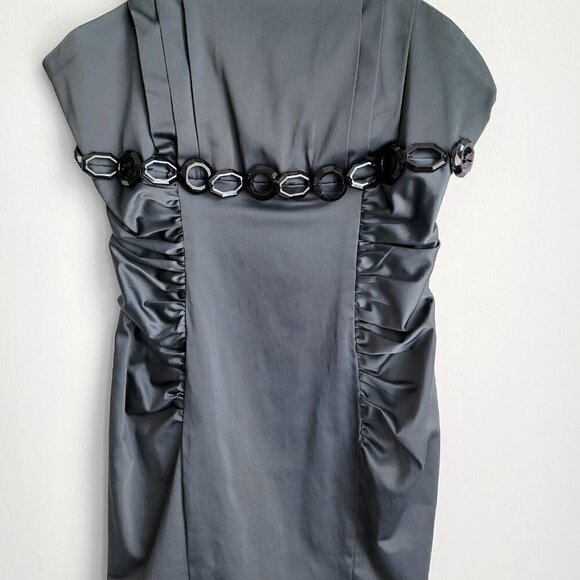 Gray Satin Cotton Blend Bodycon Ruched Waist Sleeveless Mini Dress - Picture 3 of 10